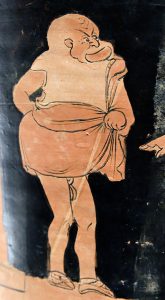 نگاره‌ای از دهانه‌ی کاسه‌ی گل‌سرخی از سیسیل – طرحی از تئاتر کمدی باستانی